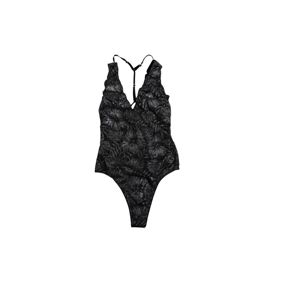 Victoria's Secret Sexy Lingerie Black Lace Metallic Bodysuit Plunge Neckline XS